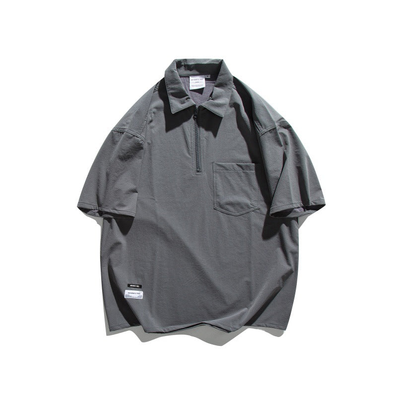 Half zip collar design with patch pocket loose short sleeved polo shirt