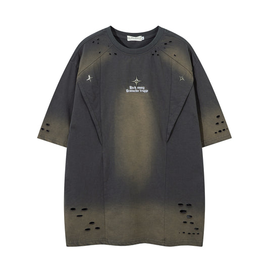 Washed hole letter embroidery short sleeved T-shirt