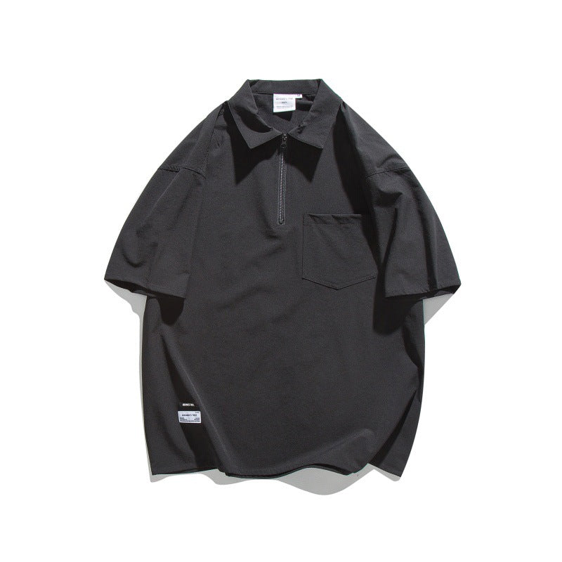 Half zip collar design with patch pocket loose short sleeved polo shirt