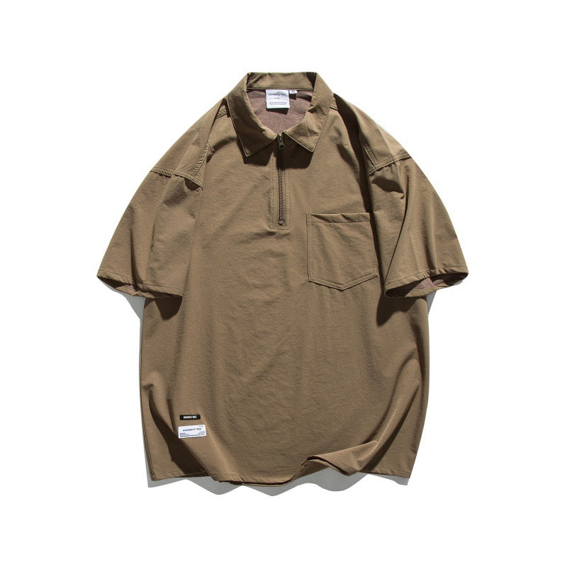 Half zip collar design with patch pocket loose short sleeved polo shirt