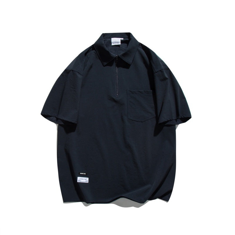 Half zip collar design with patch pocket loose short sleeved polo shirt
