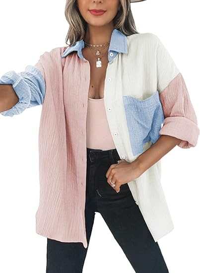Color Block Button Down Shirts Long Sleeve