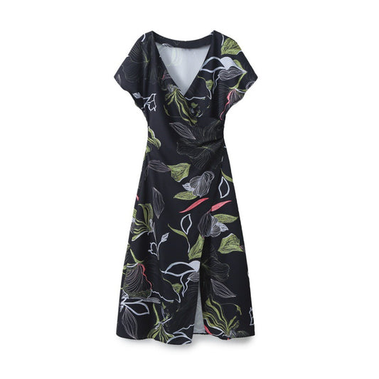 Elegant Style Satin Texture Printed Midi Dress