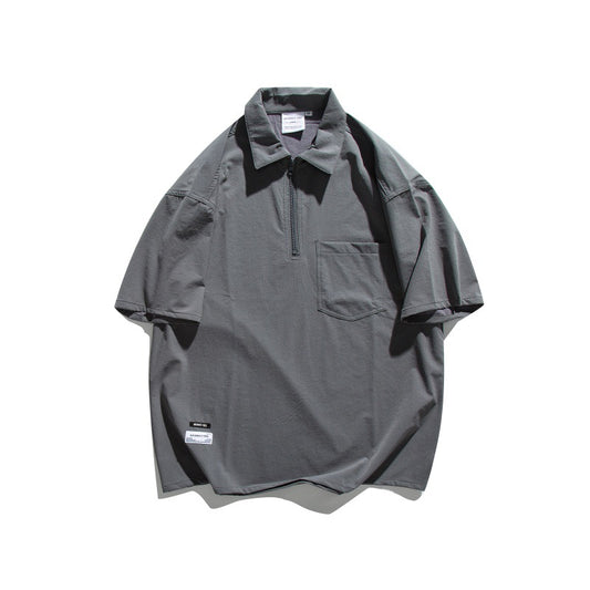 Half zip collar design with patch pocket loose short sleeved polo shirt