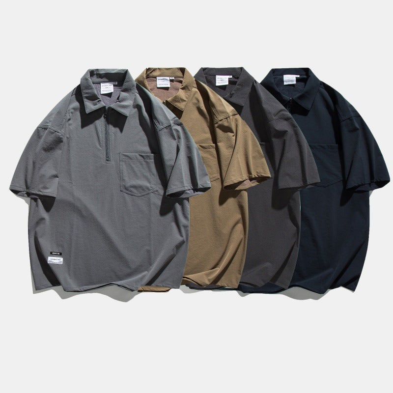 Half zip collar design with patch pocket loose short sleeved polo shirt
