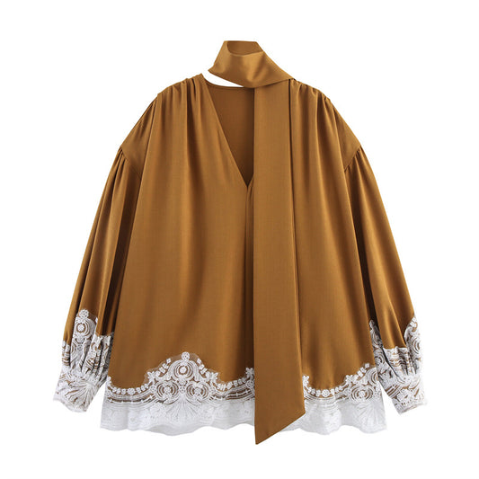 Long-Sleeve Fashion Loose Casual Design Lace Ribbon Unique Shirt Top