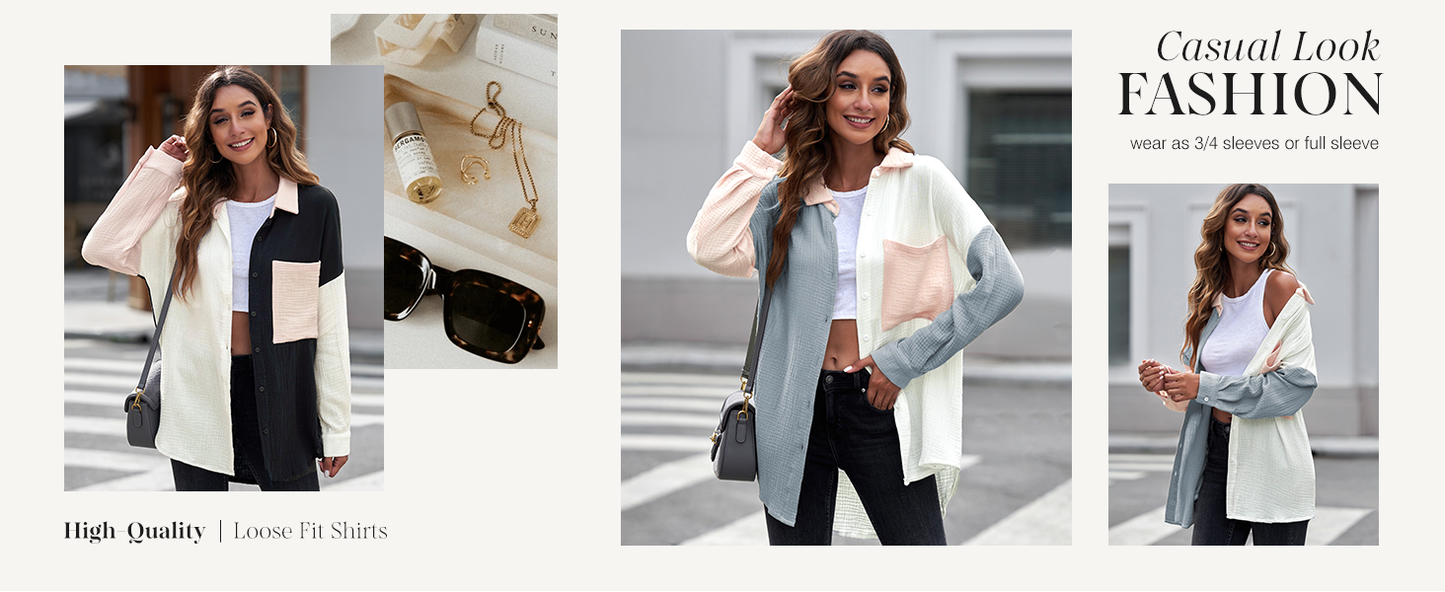 Color Block Button Down Shirts Long Sleeve