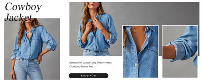 Women Button Down Denim Shirts Casual Long Sleeve V Neck Chambray Blouse Top
