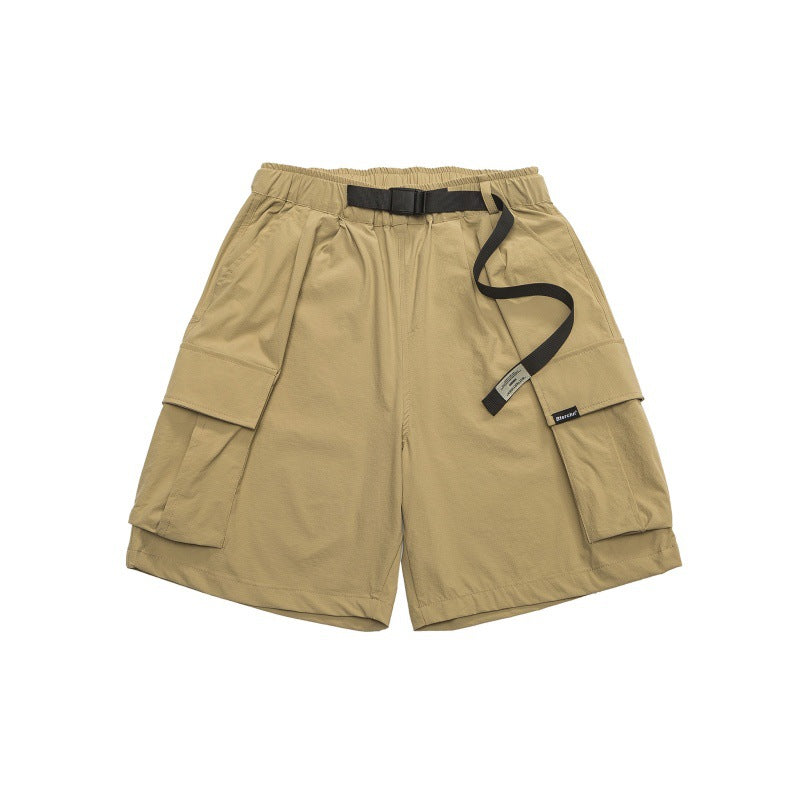 Buckle waistband large pocket loose five quarter shorts for men