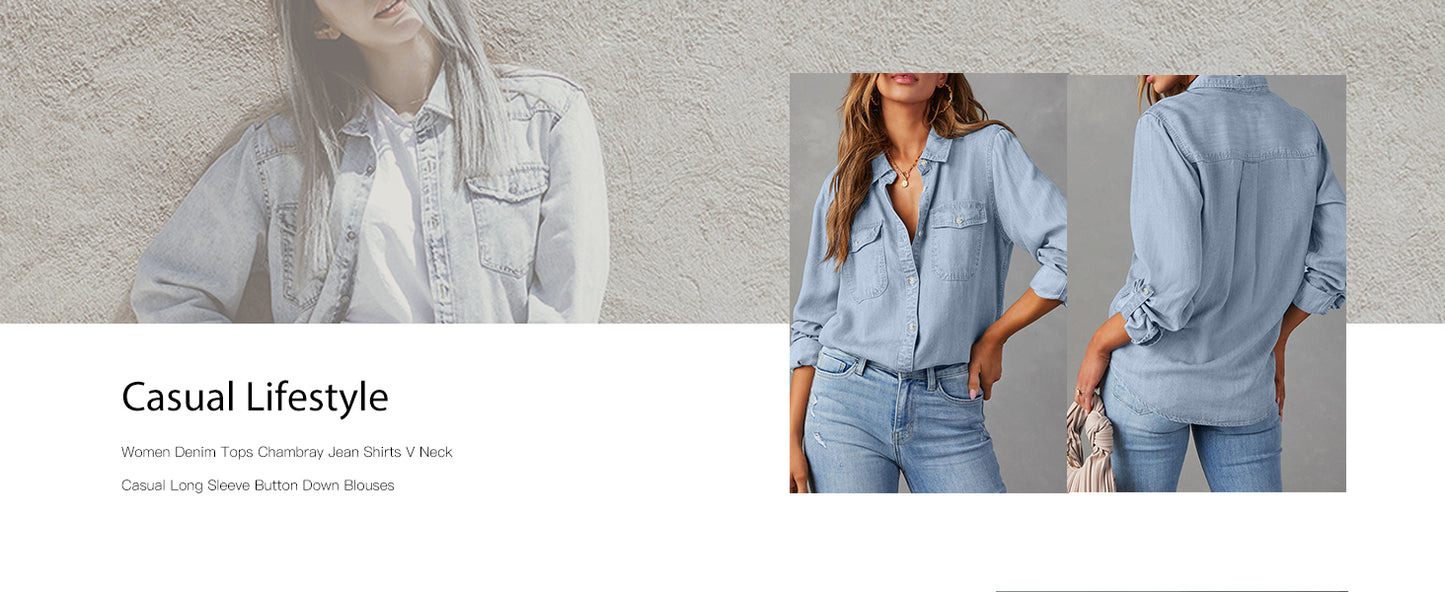 Women Button Down Denim Shirts Casual Long Sleeve V Neck Chambray Blouse Top