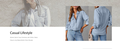 Women Button Down Denim Shirts Casual Long Sleeve V Neck Chambray Blouse Top