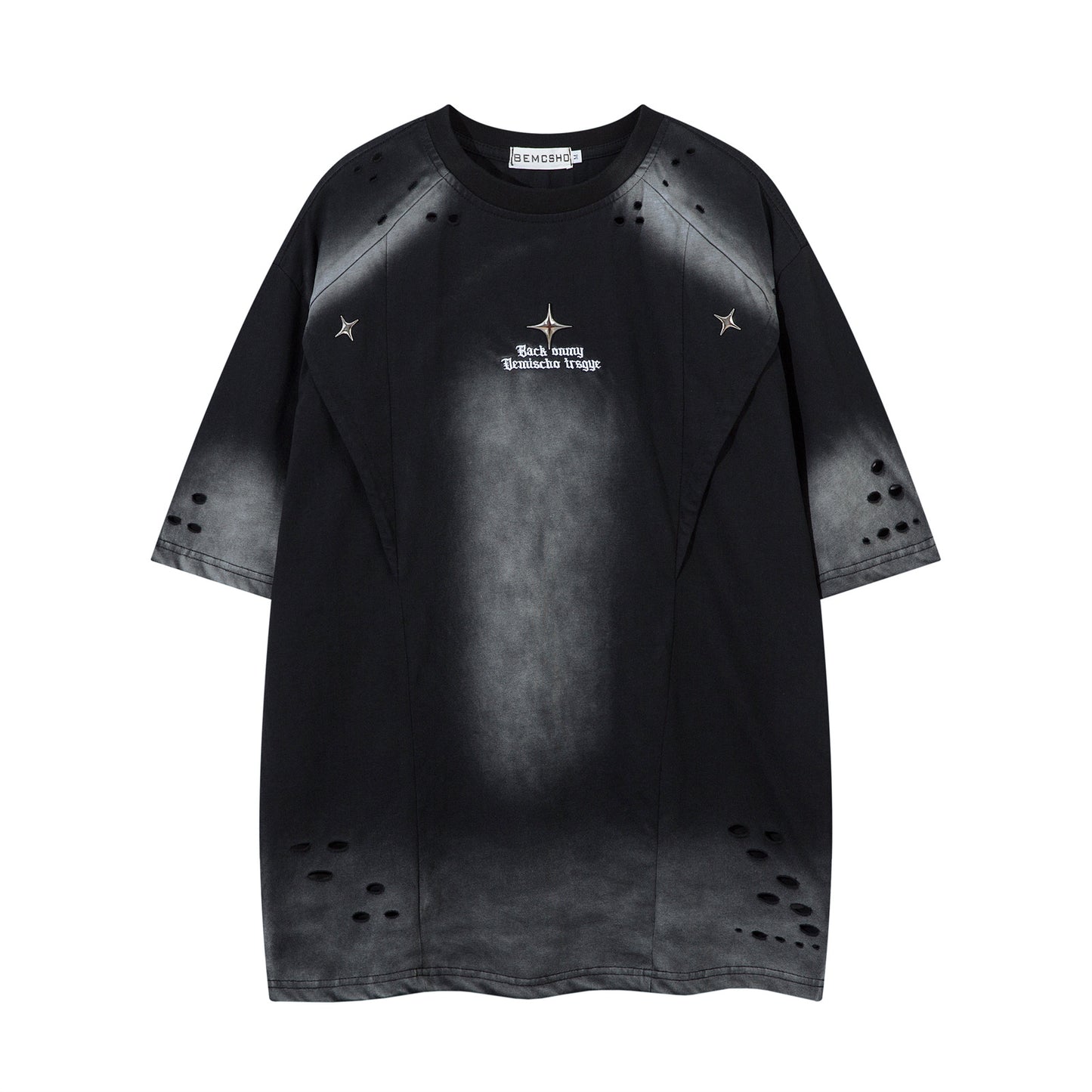 Washed hole letter embroidery short sleeved T-shirt