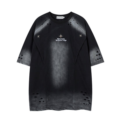 Washed hole letter embroidery short sleeved T-shirt