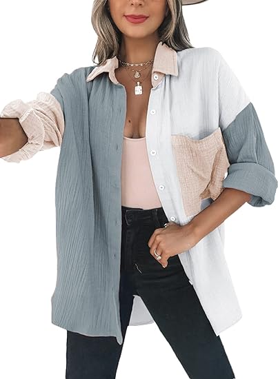 Color Block Button Down Shirts Long Sleeve