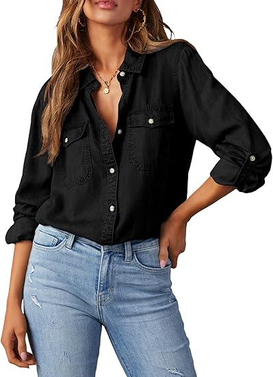 Women Button Down Denim Shirts Casual Long Sleeve V Neck Chambray Blouse Top