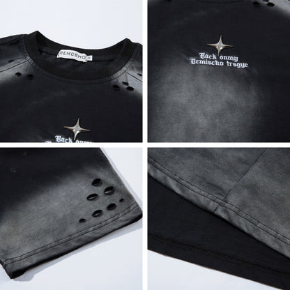 Washed hole letter embroidery short sleeved T-shirt