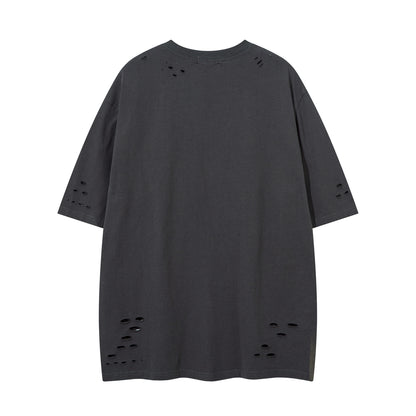 Washed hole letter embroidery short sleeved T-shirt
