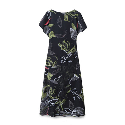 Elegant Style Satin Texture Printed Midi Dress