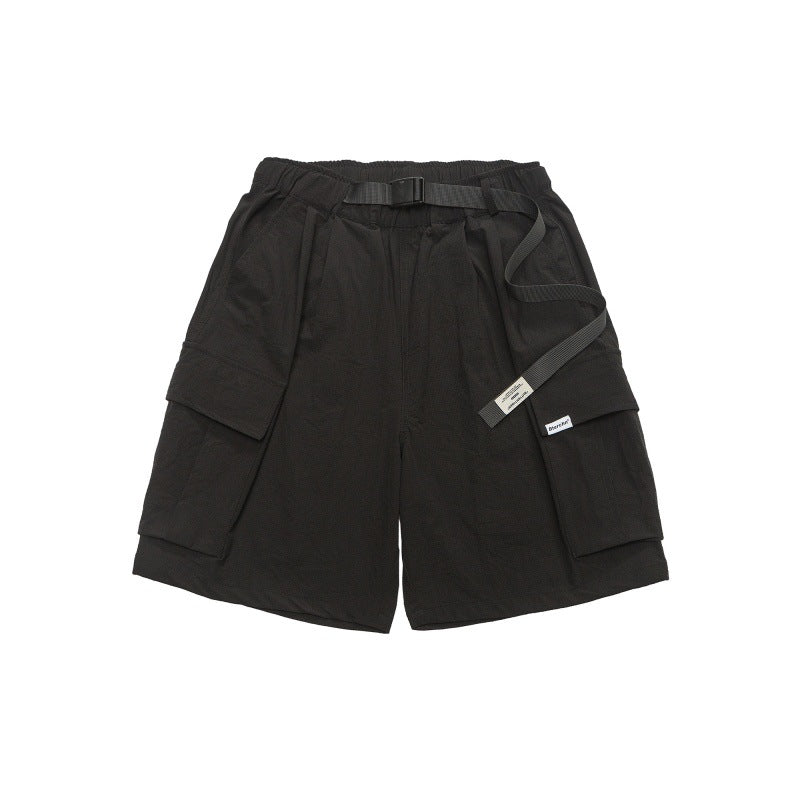 Buckle waistband large pocket loose five quarter shorts for men
