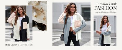 Color Block Button Down Shirts Long Sleeve