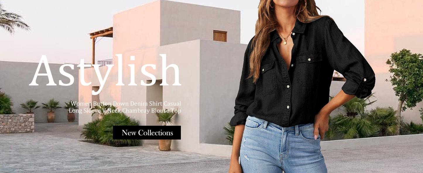 Women Button Down Denim Shirts Casual Long Sleeve V Neck Chambray Blouse Top